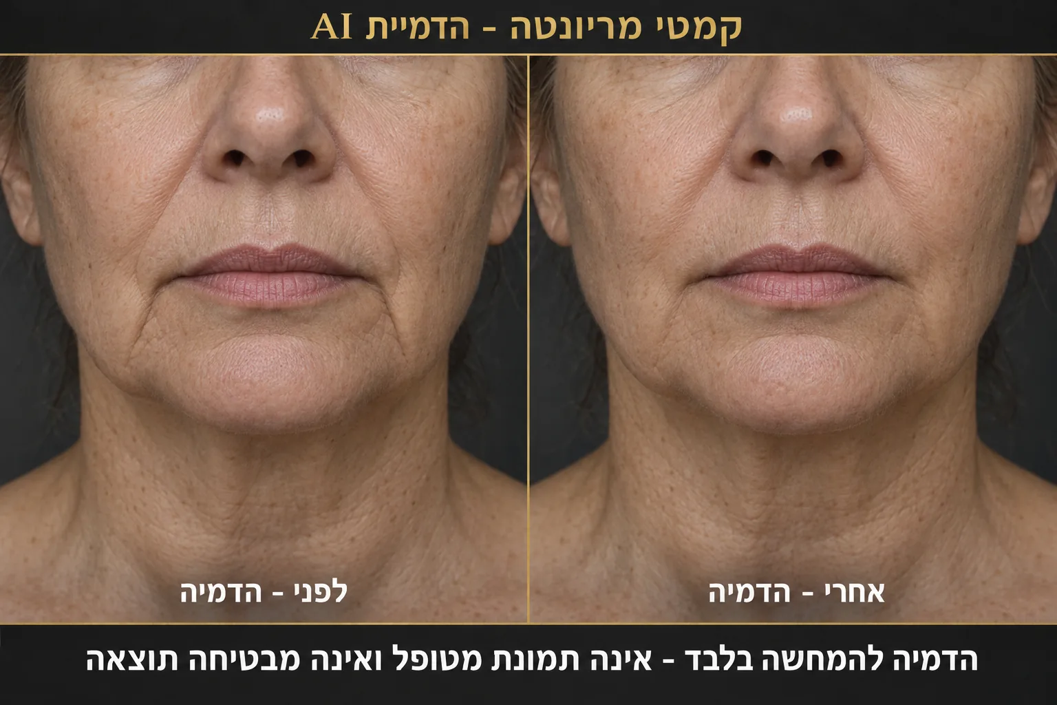 הדמיית AI של אישה בדיונית לפני ואחרי ריכוך קמטי מריונטה, להמחשה בלבד, לא תמונת מטופל ולא הבטחת תוצאה