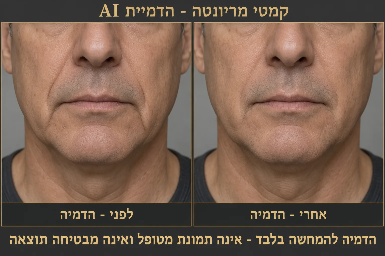הדמיית AI של גבר בדיוני לפני ואחרי ריכוך קמטי מריונטה, להמחשה בלבד, לא תמונת מטופל ולא הבטחת תוצאה