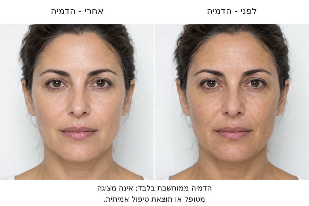 הדמיה ממוחשבת של איכות עור כל הפנים, לפני מימין ואחרי משמאל
